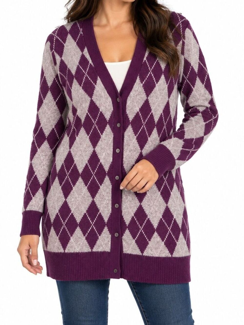 Oats Cashmere Debbie Morgan Women’s Purple Gray Argyle Long Cardigan - M